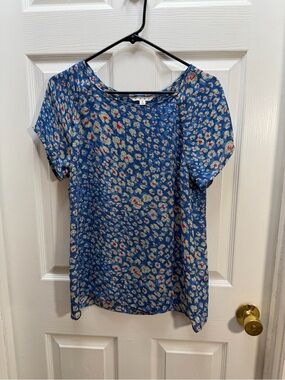 CAbi Blue Floral Short Sleeve Top with Cream and Red Accents